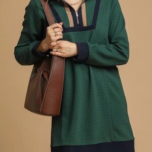 Umgee Green Knit Tunic with Navy and Tan Trim